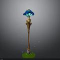 Mushroom Shaped Wooden Lamp Post With Blue Cap Yellow Spots Glowing Particles And Green Grass