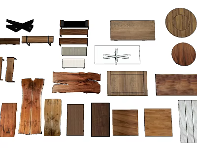 Variety Of Natural Wood Dining Table Tops With Different Shapes And Solid Wood Bases 3d model