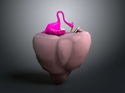 Artistic Pink Flamingo Sitting On Small Rock With Open Book And Pen 3d model