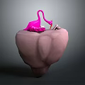 Artistic Pink Flamingo Sitting On Small Rock With Open Book And Pen