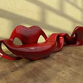 Red Lip Shaped Public Chairs On Wooden Floor With Yellow Wall Light Shadows