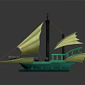 Green Hull Sailing Water Transport With Multiple Yellow Sails And Decorative Design