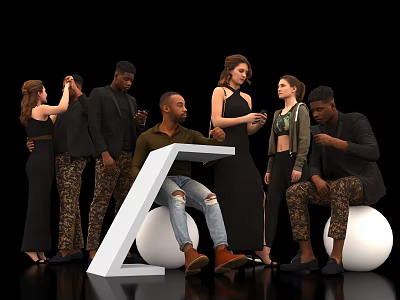 Group of People Standing and Sitting Around White Geometric Structure and Spheres 3d model