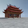 Traditional Ancient Chinese Architecture with Red Roof Overhanging Eaves Wooden Structure on Stone Pavement Square