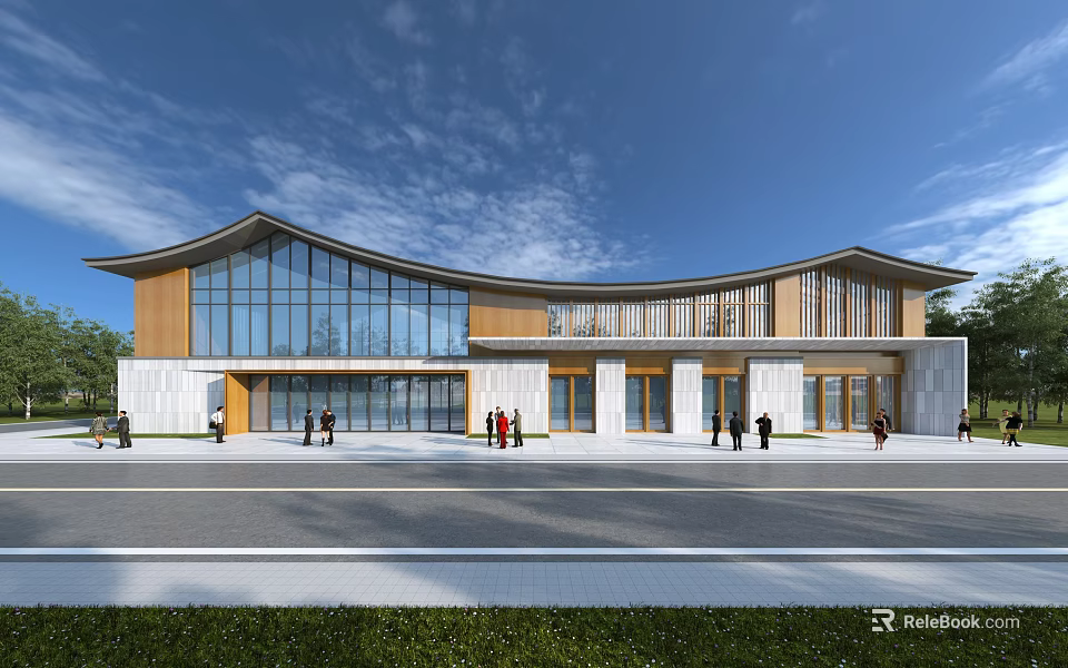 Modern Visitor Center Featuring Glass Curtain Walls Curved Roof and Open Plaza with People 3d model 