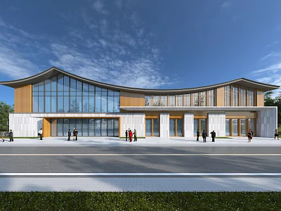 Modern Visitor Center Featuring Glass Curtain Walls Curved Roof and Open Plaza with People 3d model