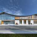 Modern Visitor Center Featuring Glass Curtain Walls Curved Roof and Open Plaza with People