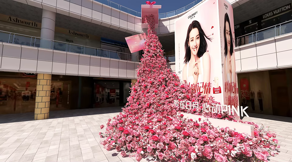 Pink Roses Tower Decoration Outside Shopping Mall For Mother's Day Event With Billboard 3d model 