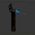 Blue and black bird perched on curved wooden branch against dark background