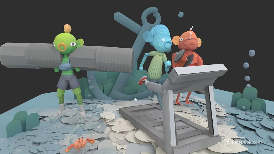 Green Blue Orange Cartoon Characters Standing And Running On Treadmill With Anchor Leaves Seashells 3d model 