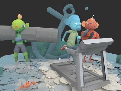 Green Blue Orange Cartoon Characters Standing And Running On Treadmill With Anchor Leaves Seashells 3d model