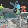 Green Blue Orange Cartoon Characters Standing And Running On Treadmill With Anchor Leaves Seashells