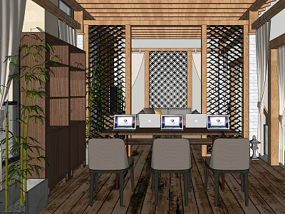 Modern Public Office Space With Wooden Ceiling Grid Screens Computers And Green Plants 3d model