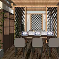 Modern Public Office Space With Wooden Ceiling Grid Screens Computers And Green Plants