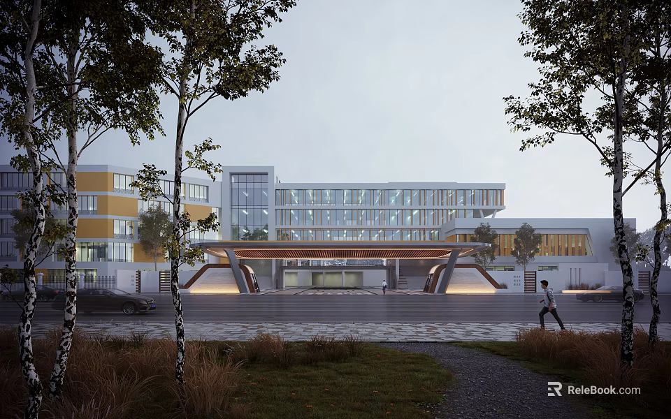 Modern Multi Storey Office Building With Glass Facade And Trees Along Pedestrian Pathway 3d model 