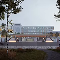 Modern Multi Storey Office Building With Glass Facade And Trees Along Pedestrian Pathway