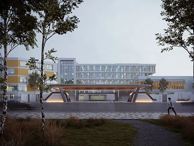 Modern Multi Storey Office Building With Glass Facade And Trees Along Pedestrian Pathway 3d model