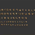 Golden 3D Letters And Numbers Arranged With Reflection On Dark Background 3d model