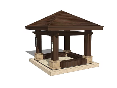 Outdoor Garden Landscape Pavilion With Brown Roof Columns And Stone Base 3d model