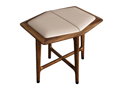 Square Wooden Stool With Beige Upholstered Seat And Cross Leg Structure 3d model