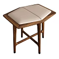 Square Wooden Stool With Beige Upholstered Seat And Cross Leg Structure