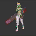 Standing Character With Goggles Green Sleeves Carrying Wooden Tool Plank And Tool Bag