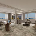 Modern Hotel Guest Room With Large Windows City View Comfortable Bed Sofa And Coffee Table