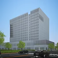 Modern Office Building With Glass Curtain Wall And Trees Around Urban Area
