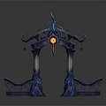 Ornate Fantasy Entrance Gate With Blue Purple Decor Glowing Yellow Orb And Pillars