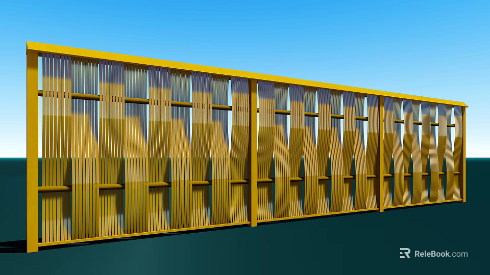 Yellow Striped Fence Design With Blue Sky And Green Ground 3d model 