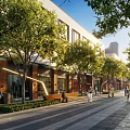 Garden Landscape Design for Modern Commercial Street with Palm Trees Night Lighting and Pedestrians