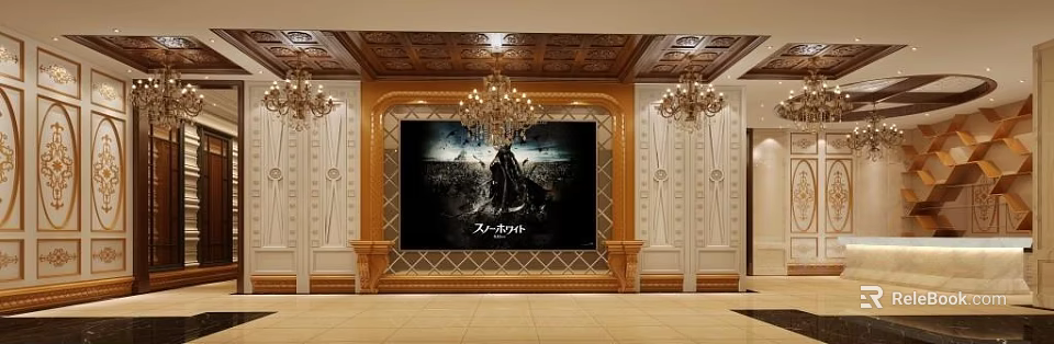 Storefront Reception With Ornate Ceiling Decor Chandeliers Large Screen And Golden Frame 3d model