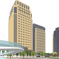 Modern Commercial Street With Tall Buildings Arch Bridge And Green Trees