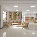 Public Service Hall Interior With Windows Buildings Outside White Counter Metal Bench And Self-Service Machines