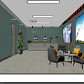 Modern Reception Area With Green Walls Potted Plant Sofa Chairs And Screens
