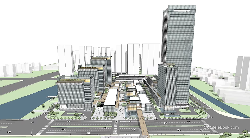 Modern High Rise Office Complex With Urban Green Spaces And Central Plaza 3d model 