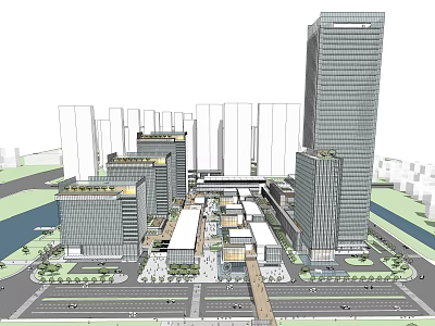 Modern High Rise Office Complex With Urban Green Spaces And Central Plaza 3d model
