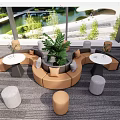 Modern Circular Sofa Coffee Table Set With Beige Gray Upholstery Green Plant And Small Stools