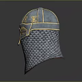 Medieval Metal Helmet With Decorative Golden Details And Chainmail Protective Gear