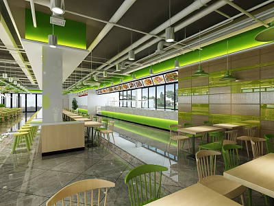 Modern Restaurant Interior With Green Accents Wooden Tables And Hanging Lights 3d model