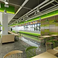 Modern Restaurant Interior With Green Accents Wooden Tables And Hanging Lights