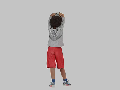 Man in Gray Hoodie and Red Shorts with Hands Raised Over Head Against Gray Background 3d model