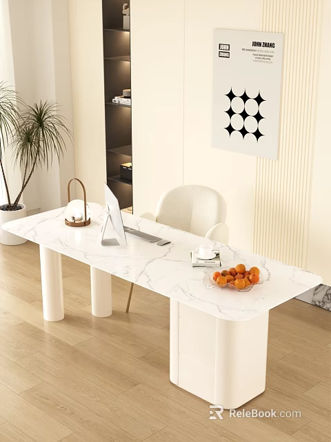 White Marble Office Desk with White Chair Palm Plant Computer Monitor Keyboard and Oranges Bowl 3d model 