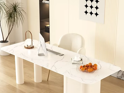 White Marble Office Desk with White Chair Palm Plant Computer Monitor Keyboard and Oranges Bowl 3d model