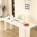 White Marble Office Desk with White Chair Palm Plant Computer Monitor Keyboard and Oranges Bowl