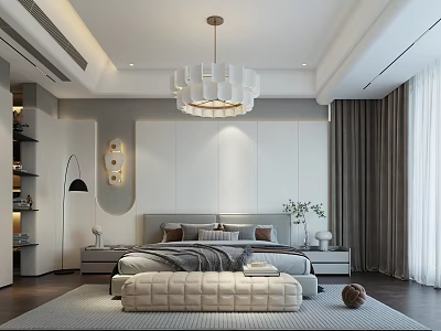 Modern Bedroom Interior Design With Bed Chandelier Nightstands Rug Curtains And Decorative Painting 3d model