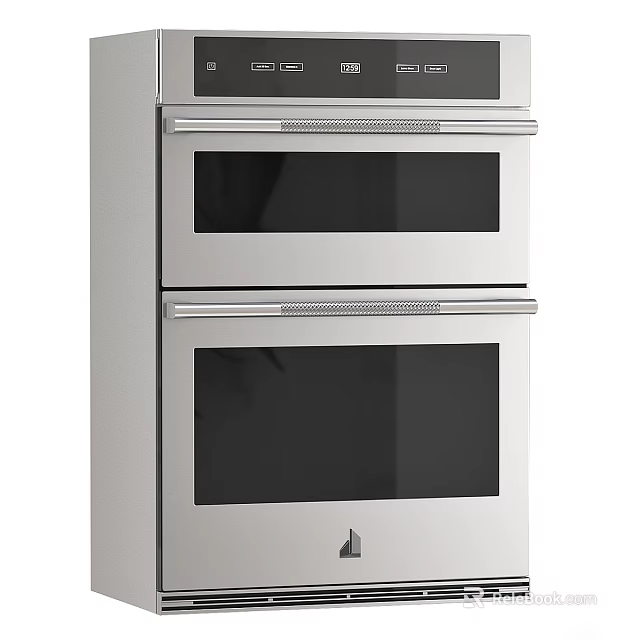 Modern Kitchen Cabinets With Stacked Silver Built in Ovens Black Glass Doors And Silver Handles 3d model 
