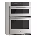 Modern Kitchen Cabinets With Stacked Silver Built in Ovens Black Glass Doors And Silver Handles