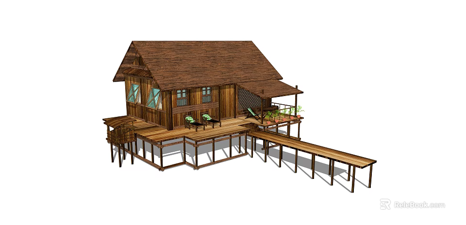 Elevated Wooden House With Shingle Roof Windows Wooden Deck And Outdoor Seating Plants 3d model 