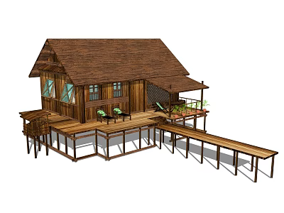 Elevated Wooden House With Shingle Roof Windows Wooden Deck And Outdoor Seating Plants 3d model